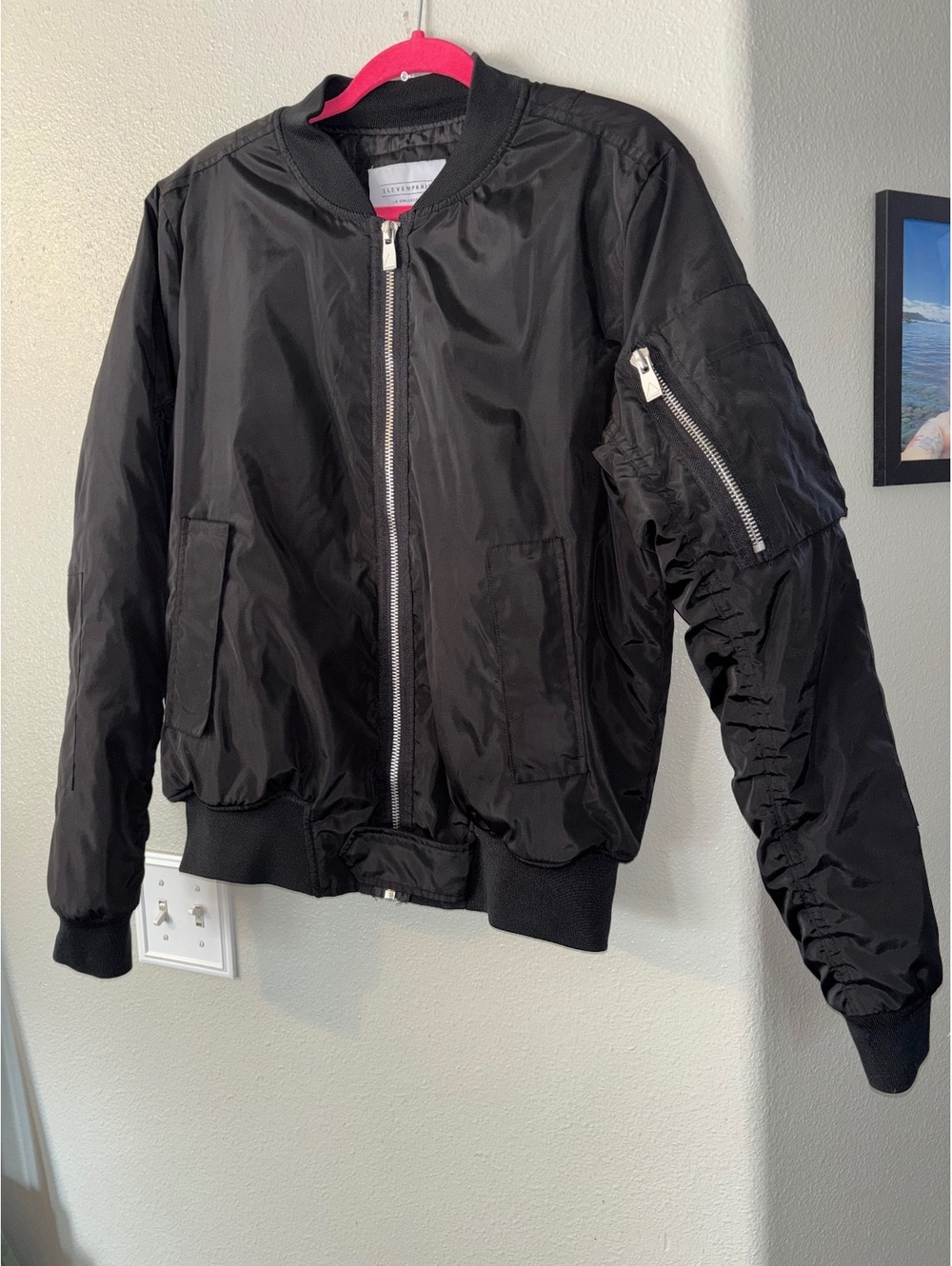 Elevenparis LA Collection Black MA-1 Bomber Jacket Ruched Sleeve Oversized SZ L